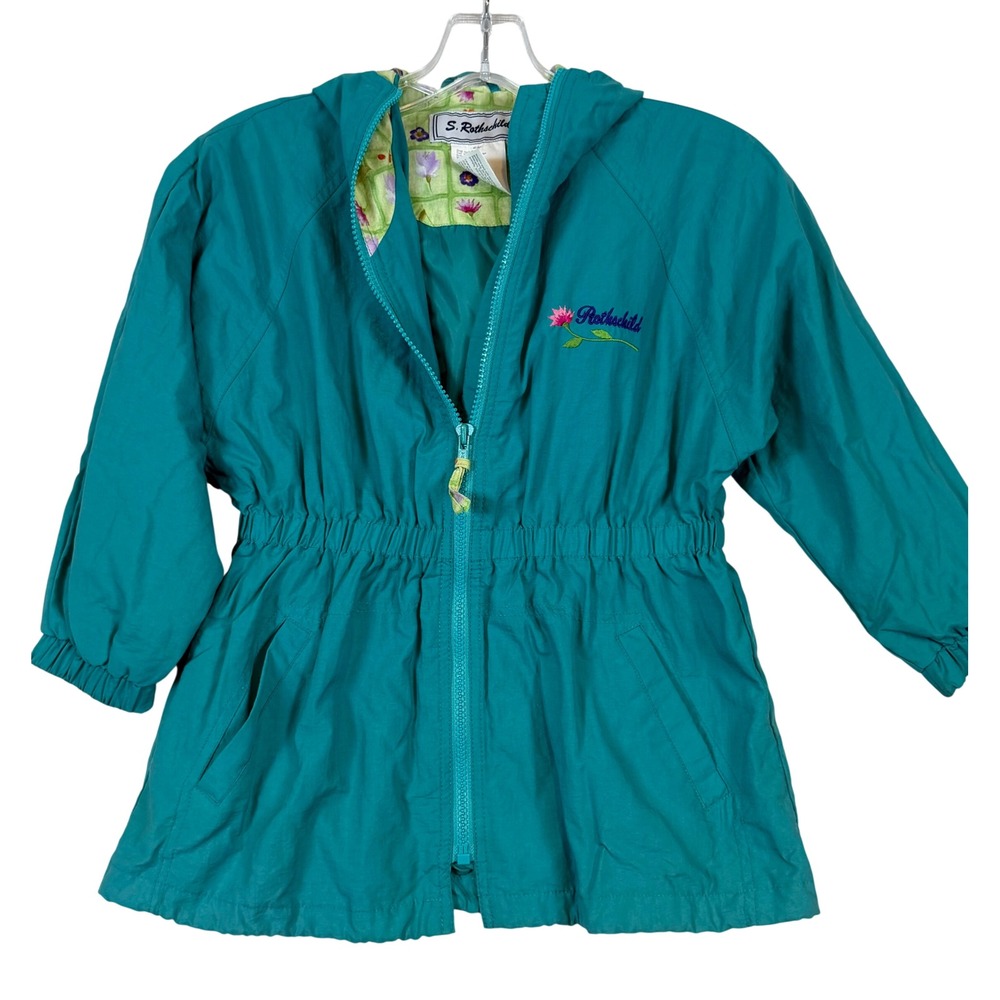S Rothschild Kids Teal Vintage Hooded Windbreaker Jacket Floral Size M 5/6